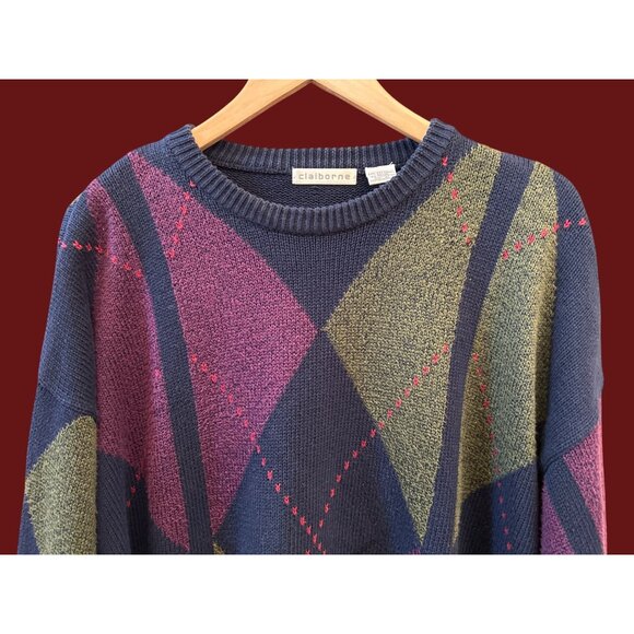 Vintage Claiborne XL Argyle Sweater Academia Grandpacore 90s Preppy Retro Knit - Picture 2 of 4